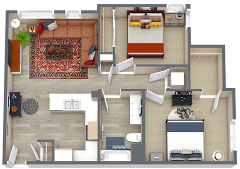 Floor plan for 2 beds, 1 bath, 841 sqft